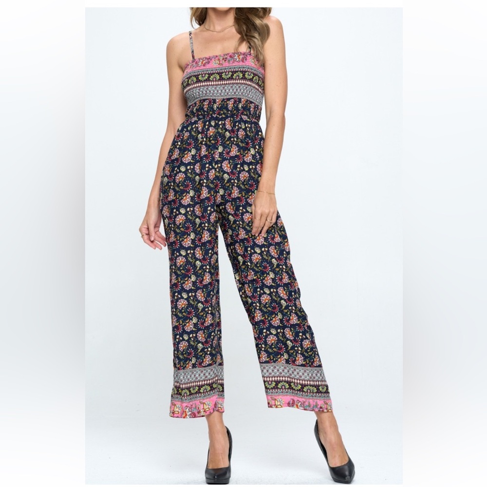 NWT! Navy Floral Elastic Stretch Top Adjustable Straps Jumpsuit - Picture 1 of 3